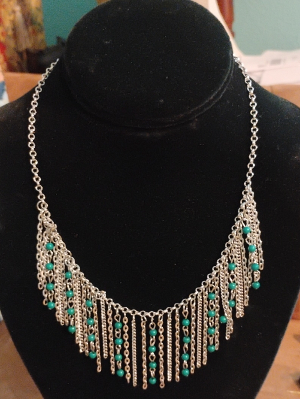 paparazzi Silver Fringe Necklace with Teal Beads